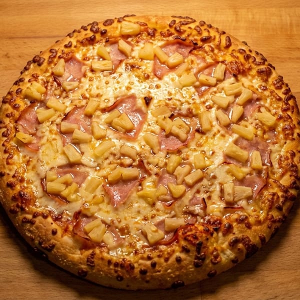 A whole Hawaiian pizza with ham and pineapple on a wooden table.