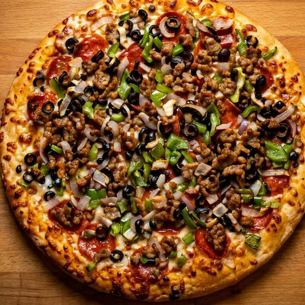 A whole supreme pizza with pepperoni, sausage, olives, onions, and green peppers on a wooden table.