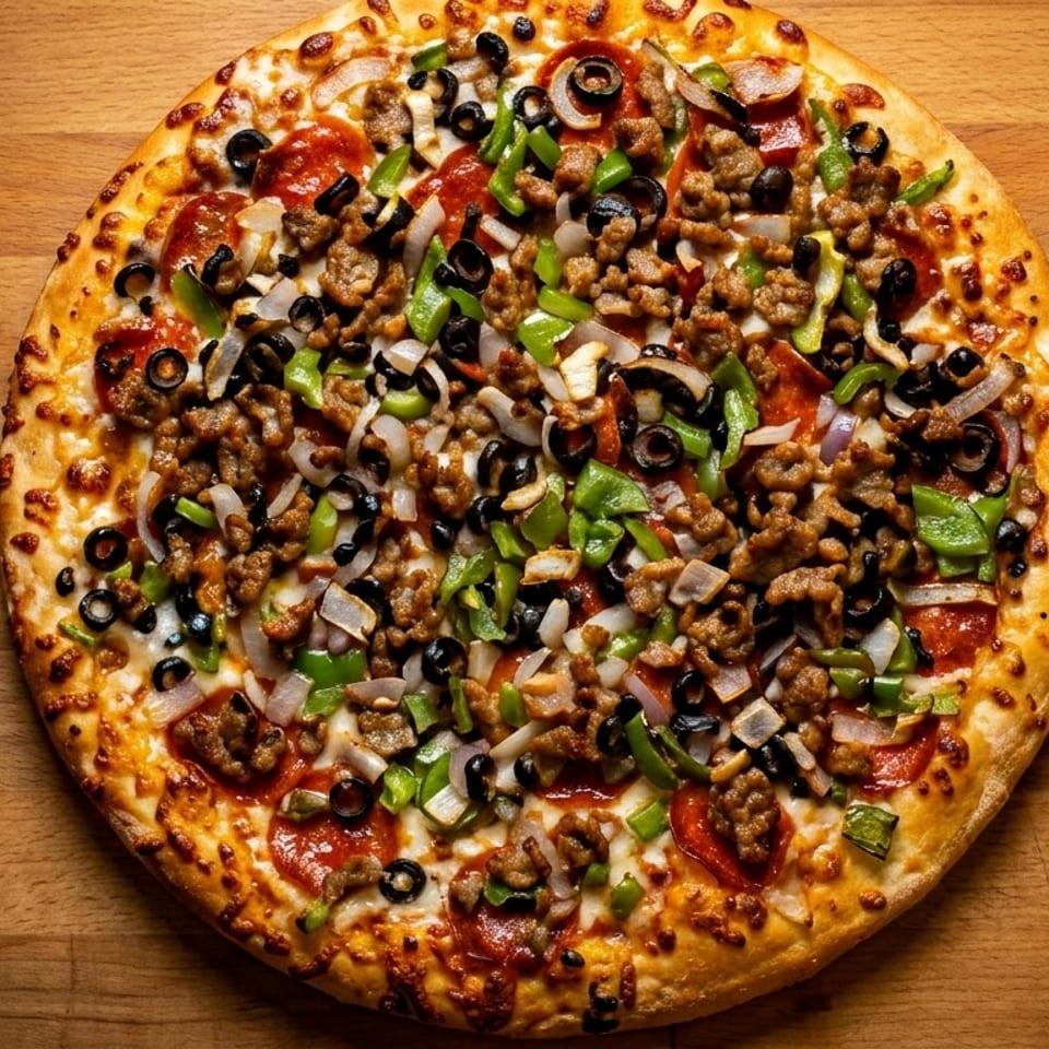 A whole supreme pizza with pepperoni, sausage, olives, onions, and green peppers on a wooden table.