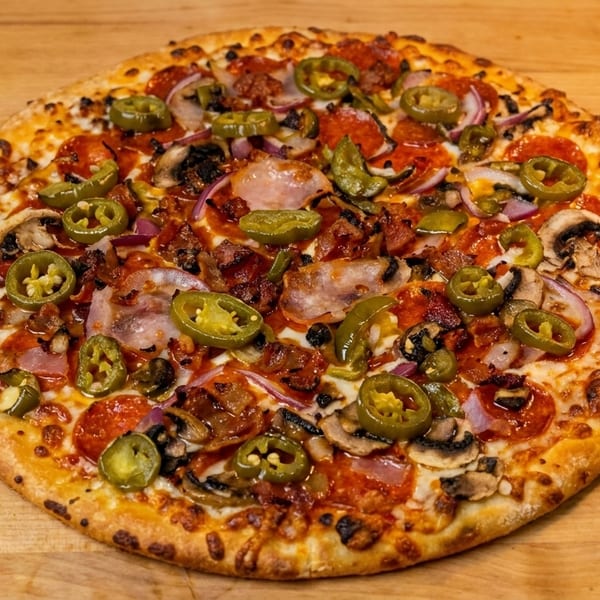 A whole pizza with pepperoni, bacon, mushrooms, red onions, and jalapeños on a wooden surface.