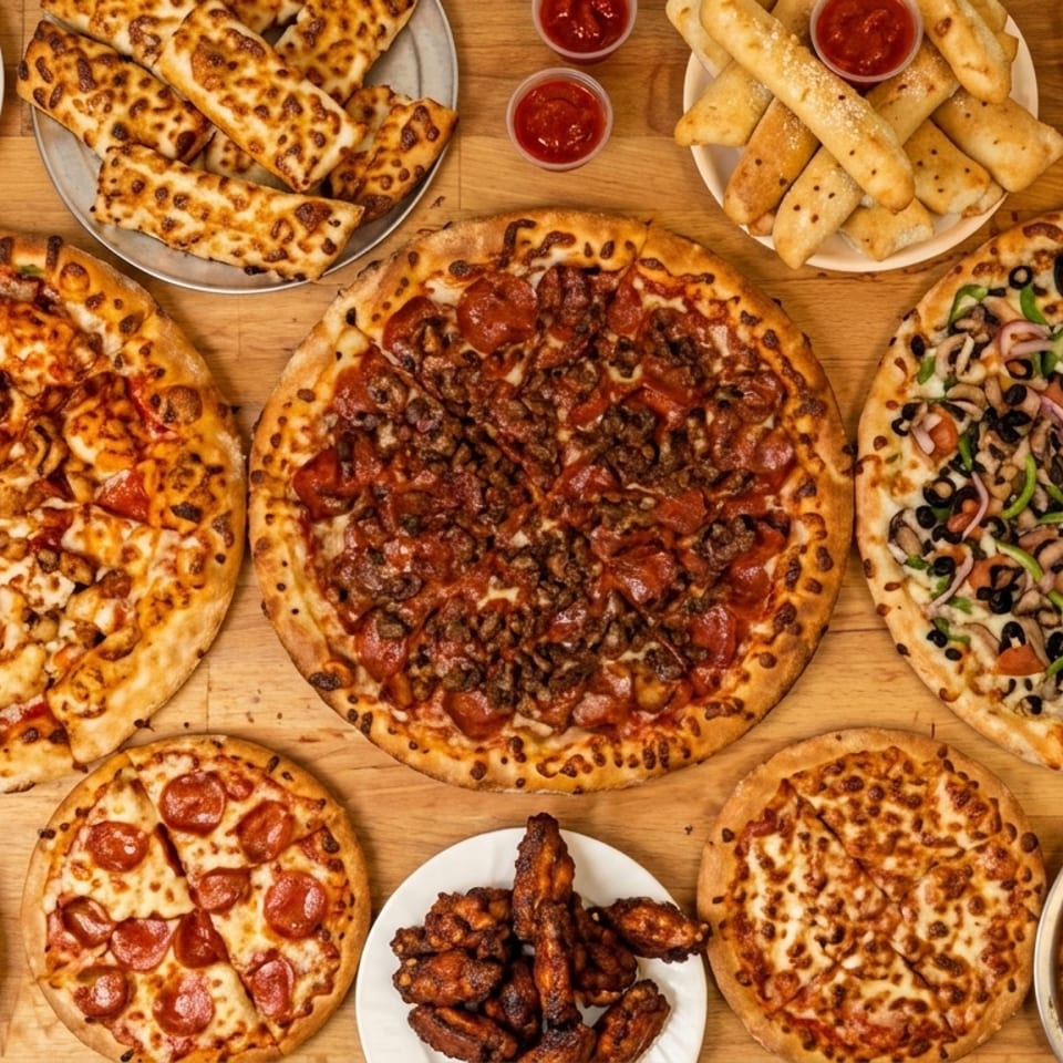 A wooden table laden with various pizzas, breadsticks, chicken wings, and a dish of pasta.