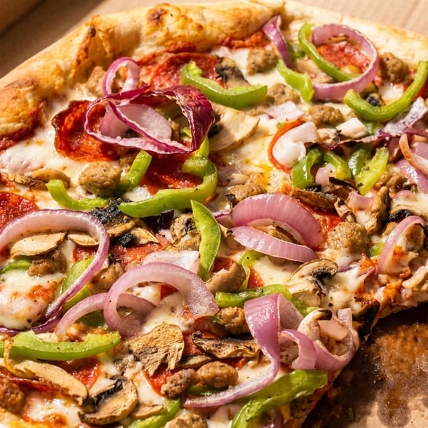 A supreme pizza with pepperoni, sausage, mushrooms, green peppers, and red onions in a box.