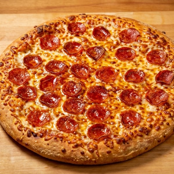 A whole pepperoni pizza with melted cheese and a golden crust sits on a wooden cutting board.