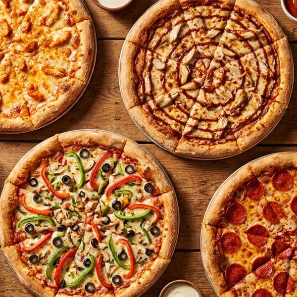 Four pizzas, two bowls of fries, and two plates of breadsticks with dipping sauce on a wooden table.
