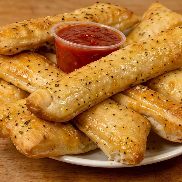 Golden-brown garlic breadsticks with herbs and a side of marinara sauce on a white plate.
