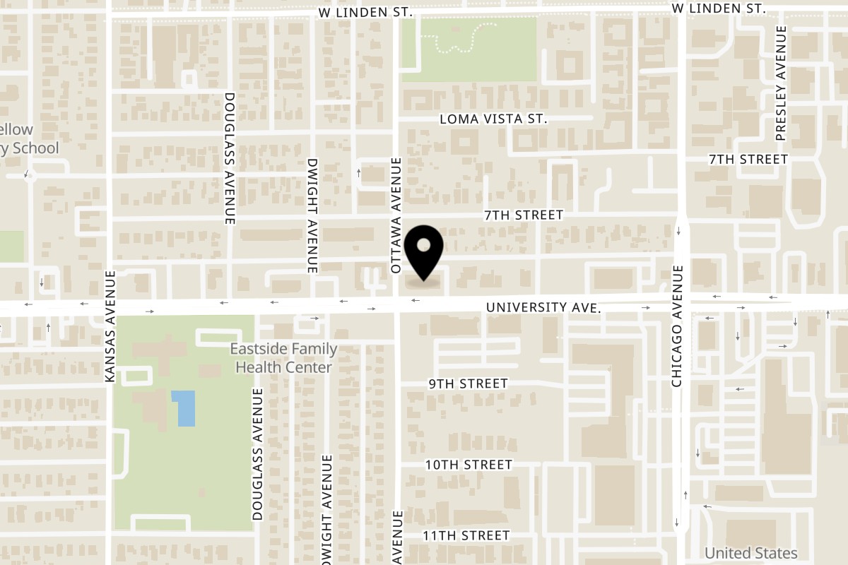 Map showing the location of Dough Bros Riverside - University on 1889 University Ave #108 in Riverside